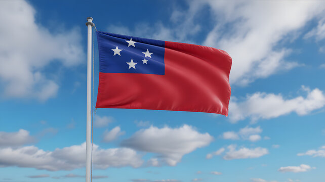 Vibrant Samoa flag waving proudly against a clear blue sky filled with fluffy clouds, symbolizing national pride and unity in the Pacific