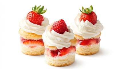 Strawberry shortcake with dollop of whipped cream and berry garnish, captured against pure white background