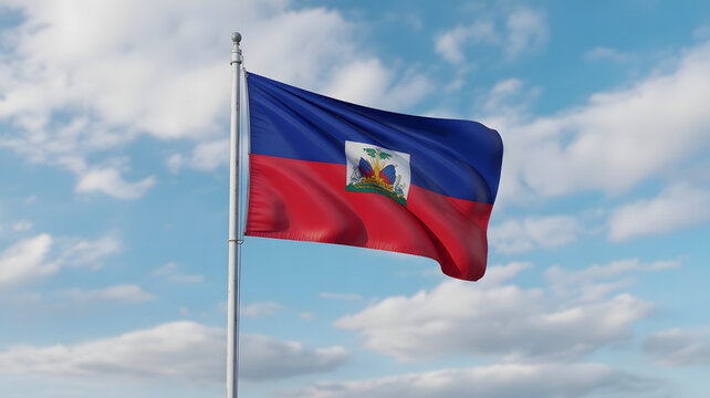 Vibrant Haitian flag waving proudly against a backdrop of soft clouds, symbolizing national pride and unity under a serene sky