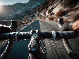 Cyclist speeds down mountain road, sun rising over snowy peaks