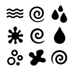 Fototapeta premium Abstract Liquid Patterns. Solid, filled icon set of abstract liquid patterns: waves, spirals, droplets, splatters, curls, drops,