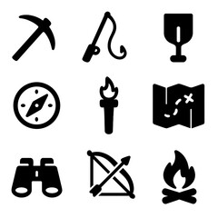 Obraz premium Adventure Tools Icons. Solid, filled icon set of open-world adventure tools: pickaxe, fishing rod, shovel, compass, torch, map,
