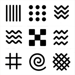 Fototapeta premium Abstract Pattern Grid. Solid, filled icon set of black and white abstract patterns: stripes, polka dots, chevron, checkerboard,