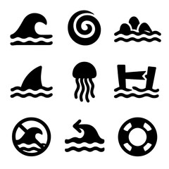 Aquatic Hazard Icons. Solid, filled icon set of aquatic hazards symbols: wave, whirlpool, underwater rocks, shark fin, jellyfish,