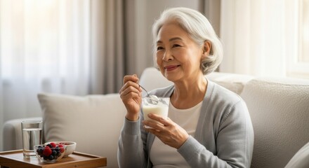 Older Woman Drinking Yogurt Sitting in Cozy Living Room