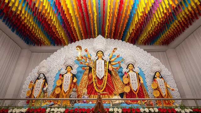Ornate Hindu Goddess Idols Featuring Gold Accents And Colorful Garlands Under A Decorative Tinsel Ceiling Illuminating An Indoor Setting