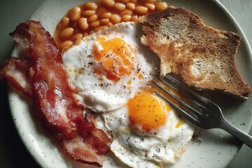 Plate with fried eggs, bacon, toast and baked beans with fork. Studio food photography. Traditional breakfast and cooking concept.