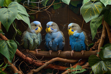 Obraz premium Trio of Bright Budgerigars Resting on Branches in Natural Habitat