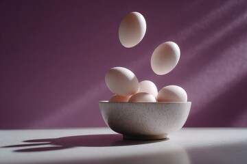 Bowl with white eggs and falling eggs on purple background. Studio still life food photography. Breakfast and cooking concept. Design for poster, banner, card, header, wallpaper.