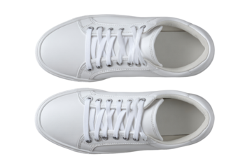 Overhead view of a pair of white leather sneakers.  Clean, simple design with laces and a flat sole