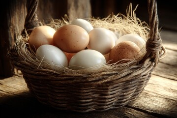 Mixed white and brown chicken eggs in rustic wicker basket with straw on wooden surface. Natural light still life photography. Organic farming and rural food concept. Design for poster, print, banner.