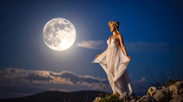The moon goddess is moving her dress against the backdrop of a large full moon