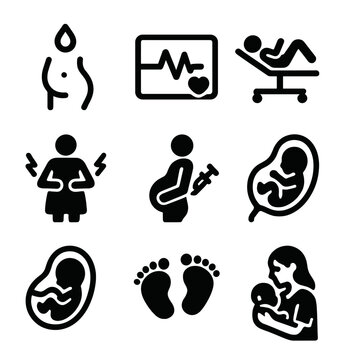 Childbirth Icon Set. Solid, filled icon set of childbirth process: water breaking, fetal heart monitor, delivery room, labor pain,