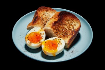 Soft-boiled eggs with pepper and toasted bread on blue ceramic plate. Studio food photography. Breakfast and meal preparation concept. Design for poster, print, banner, postcard, invitation. Top view