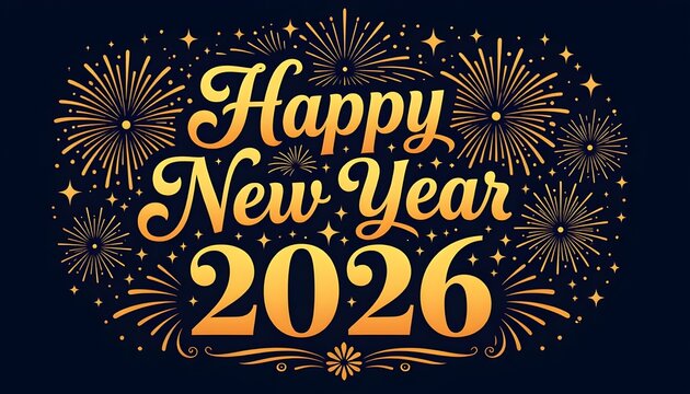 Golden fireworks exploding in night sky with bold text 'Happy New Year 2026' in elegant typography