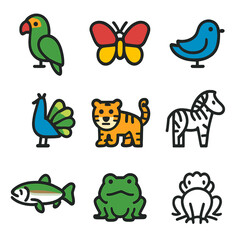 Naklejka premium Colorful Animal Icons. Solid, filled icon set of colorful animals: parrot, butterfly, fish, bird, peacock, tiger, zebra, rainbow