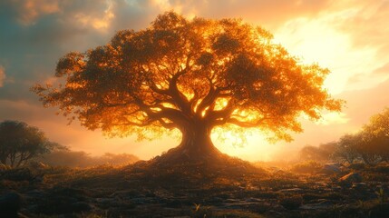 Majestic ancient tree bathed in golden sunlight