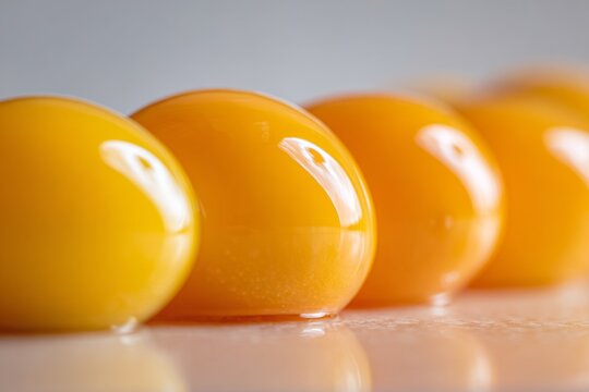 Row of raw egg yolks on glossy surface. Macro shot food photography. Cooking and baking ingredients concept. Design for poster, print, banner, postcard, invitation. Side view