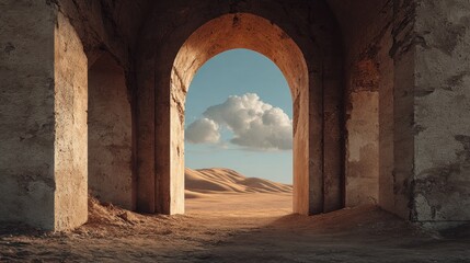 Desert Landscape Through Archway with Blue Sky and Clouds