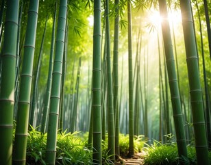 Fototapeta premium Sunlight filters through a lush bamboo forest, creating a serene and tranquil natural scene
