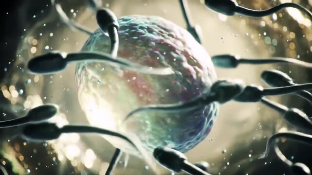 Microscopic Luminous Human Ovum Fertilization Process by Sperm Cells in Bokeh Background 3D Animation for Fertility and Reproduction Concept Healthcare and Medical Stock Video