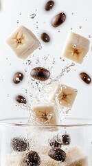 Frozen banana cubes and coffee beans splashing in a glass  