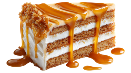 Gourmet honey cake slice with layered cream filling and caramel glaze, designed for dessert advertisements and cookbooks, captured in realistic style on a seamless white backdrop 