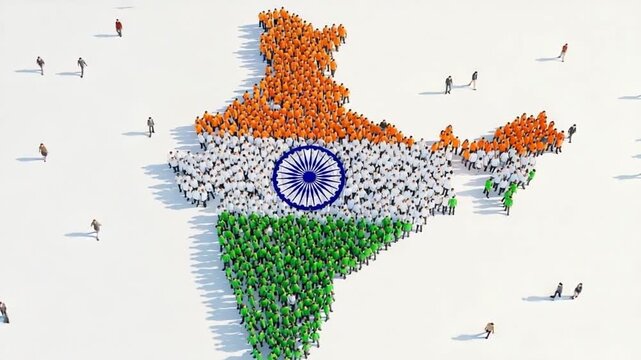 People Forming Map of India in National Flag Colors on White Background Symbolizing Unity and Population with Demographic and Geopolitical Representation