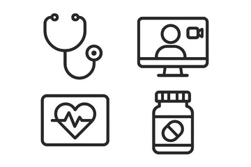 Medical Icons: Stethoscope, Telemedicine, Heartbeat, Pills