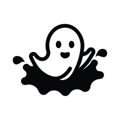 Vector art of a cute black and cartoon ghost character emerging from a splash of water, isolated a