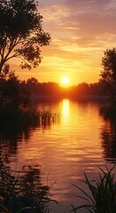 Fototapeta premium 夕焼け湖畔の静寂