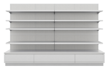 Empty white retail shelving unit with multiple shelves and a base.