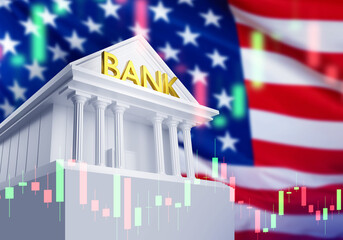 Fototapeta premium Bank building with USA flag in background and stock market chart overlay, symbol of American finance, economy, investment. Banking, Finance, Economy, Investment 3d image