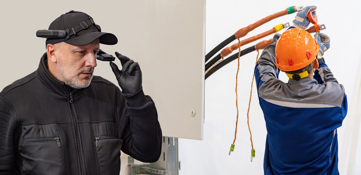 Man using smart glasses supervises electrician working with high voltage cables, remote assistance, safety equipment, electrical maintenance. Electrical work, Technology. - Powered by Adobe