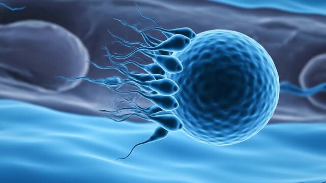 Microscopic Sperm Cells Approaching Ovum in Blue Tones a 3D Animation Visualizing Fertilization Process Perfect for Science Content and Reproductive Health Education with Soft Grey Background and