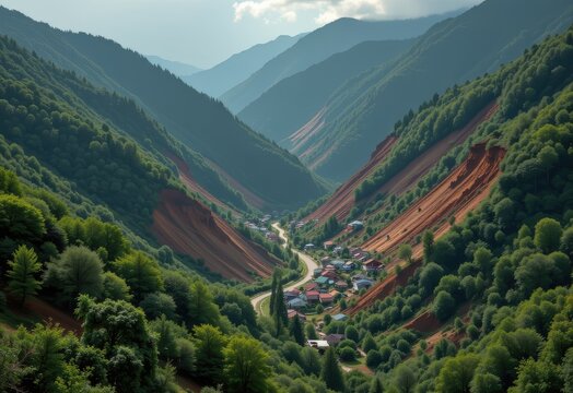 a dramatic landscape showing landslides covering villages caused by mismanaged forests emphasizing consequences of deforestation on human safety and environmental balance