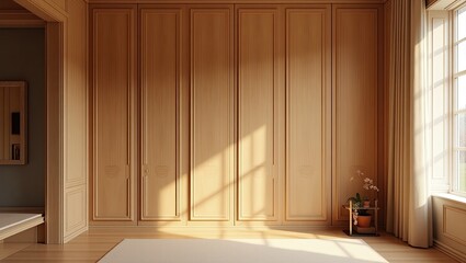 Light streams into a room with light-wood paneling.