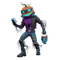 3d character of halloween pumpkin carrying skull, isolated on white