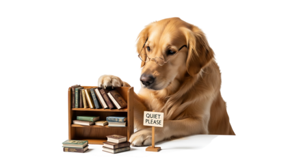 Golden retriever dog is reading a book in the library isolated on transparent background