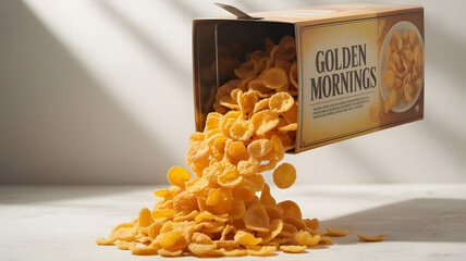 Golden Mornings Cereal: A studio shot showcases a box of golden cereal spilling out, with a focus on the breakfast food product in an inviting and visually pleasing manner.