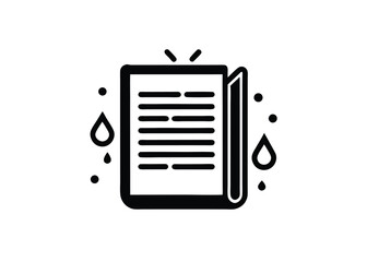 Vector art of open book with text, surrounded by water drops and dots