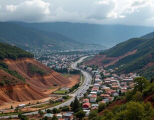 a dramatic cityscape under threat from mudslides caused by mismanaged deforested areas emphasizing environmental dangers of irresponsible forestry practices worldwide