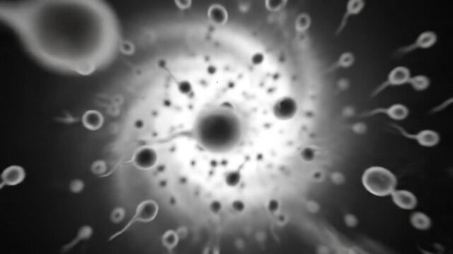 Microscopic Sperm Cells Swim Towards Egg Cell in Black and White Animation Perfect for Medical Visualizations and Educational Content Illustrating Fertility Reproductive Biology and Genetic Concepts