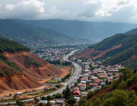 a dramatic cityscape under threat from mudslides caused by mismanaged deforested areas emphasizing environmental dangers of irresponsible forestry practices worldwide