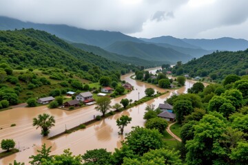 a dramatic landscape of flooded villages after upstream deforestation highlighting dangers of mismanaged forests on human safety, livelihoods, and ecological health globally