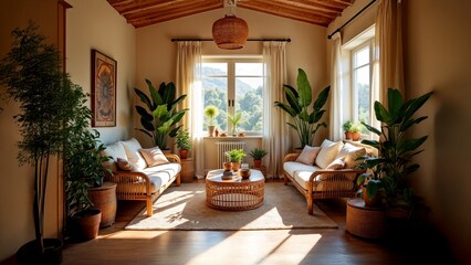 Cozy home interior background for video conferencing featuring stylish furniture, lush plants, natural light, and inviting decor, perfect for remote work and online meetings.