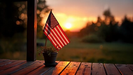 Memorial Day scene featuring a vibrant American flag in a pot against a stunning sunset backdrop, symbolizing remembrance and honor for those who served.
