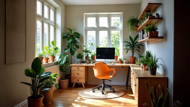 Cozy home office interior for video conferencing featuring abundant greenery and natural light, ideal for remote work, professional meetings, and inspirational settings.
