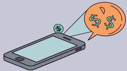 Cartoon Smartphone with Dollar Signs and Speech Bubble Illustration.