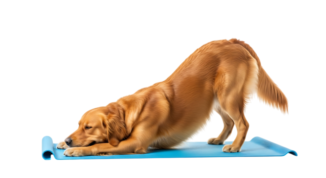 Golden retriever dog doing yoga pose on a blue mat isolated on transparent background